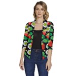 Strawberries Pattern Women s Draped Front 3/4 Sleeve Shawl Collar Jacket