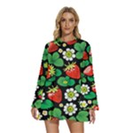 Strawberries Pattern Round Neck Long Sleeve Bohemian Style Chiffon Mini Dress