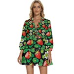 Strawberries Pattern V-Neck Placket Mini Dress