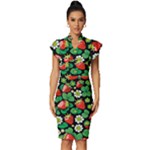 Strawberries Pattern Vintage Frill Sleeve V-Neck Bodycon Dress