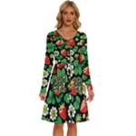 Strawberries Pattern Long Sleeve Dress With Pocket