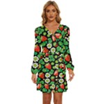 Strawberries Pattern Long Sleeve Waist Tie Ruffle Velvet Dress