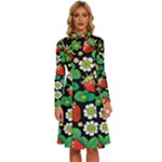 Strawberries Pattern Long Sleeve Shirt Collar A-Line Dress