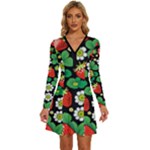 Strawberries Pattern Long Sleeve Deep V Mini Dress 