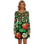 Strawberries Pattern Long Sleeve Wide Neck Velvet Dress