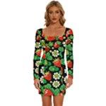 Strawberries Pattern Long Sleeve Square Neck Bodycon Velvet Dress