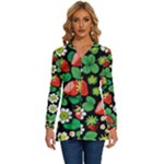 Strawberries Pattern Long Sleeve Drawstring Hooded Top