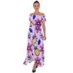 Flowers Petals Pineapples Fruit Off Shoulder Open Front Chiffon Dress