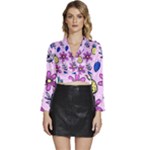 Flowers Petals Pineapples Fruit Long Sleeve Tie Back Satin Wrap Top