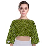 Kiwi Fruit Pattern Green Background Tie Back Butterfly Sleeve Chiffon Top