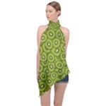 Kiwi Fruit Pattern Green Background Halter Asymmetric Satin Top