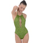 Kiwi Fruit Pattern Green Background Plunge Cut Halter Swimsuit