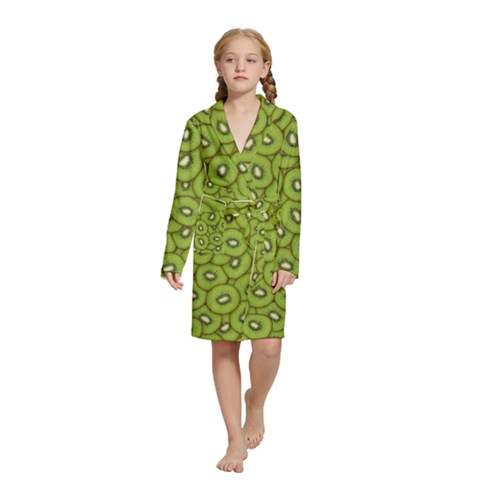 Kiwi Fruit Pattern Green Background Kids  Long Sleeve Velvet Lounge Robe from ArtsNow.com