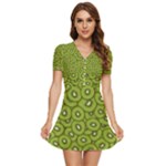 Kiwi Fruit Pattern Green Background V-Neck High Waist Chiffon Mini Dress