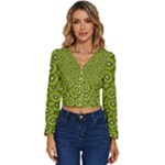 Kiwi Fruit Pattern Green Background Long Sleeve V-Neck Top