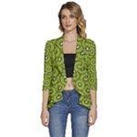 Kiwi Fruit Pattern Green Background Women s 3/4 Sleeve Ruffle Edge Open Front Jacket