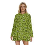 Kiwi Fruit Pattern Green Background Round Neck Long Sleeve Bohemian Style Chiffon Mini Dress