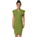 Kiwi Fruit Pattern Green Background Vintage Frill Sleeve V-Neck Bodycon Dress