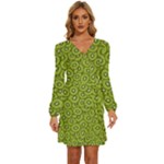 Kiwi Fruit Pattern Green Background Long Sleeve Waist Tie Ruffle Velvet Dress