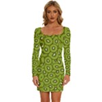 Kiwi Fruit Pattern Green Background Long Sleeve Square Neck Bodycon Velvet Dress