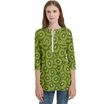 Kiwi Fruit Pattern Green Background Women s Zip Front V-Neck 3/4 Sleeve Casual Top Pocket Shirt