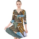 Monstera Palm Leaves Plants Quarter Sleeve Front Wrap Dress