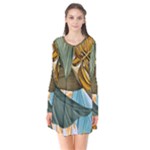 Monstera Palm Leaves Plants Long Sleeve V-neck Flare Dress