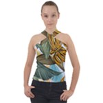 Monstera Palm Leaves Plants Cross Neck Velour Top