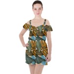 Monstera Palm Leaves Plants Ruffle Cut Out Chiffon Playsuit