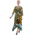 Monstera Palm Leaves Plants Quarter Sleeve Wrap Front Maxi Dress