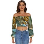 Monstera Palm Leaves Plants Long Sleeve Crinkled Weave Crop Top