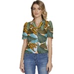 Monstera Palm Leaves Plants Puffed Short Sleeve Button Up Jacket