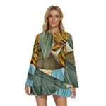 Monstera Palm Leaves Plants Round Neck Long Sleeve Bohemian Style Chiffon Mini Dress