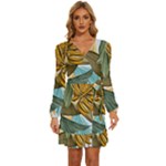 Monstera Palm Leaves Plants Long Sleeve Waist Tie Ruffle Velvet Dress