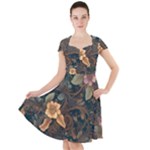 Floral Seamless Pattern Decorative Cap Sleeve Midi Dress With Pockets