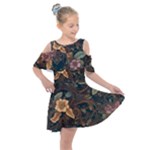 Floral Seamless Pattern Decorative Kids  Shoulder Cutout Chiffon Dress