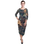 Floral Seamless Pattern Decorative Quarter Sleeve Midi Velour Bodycon Dress