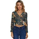 Floral Seamless Pattern Decorative Long Sleeve V-Neck Top