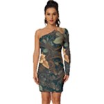 Floral Seamless Pattern Decorative Long Sleeve One Shoulder Mini Dress