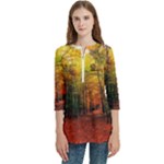 Forest Woods Autumn Nature Women s Zip Front V-Neck 3/4 Sleeve Casual Top Pocket Shirt