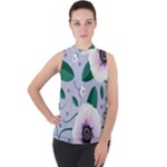 Flowers Petals Blossom Flora Mock Neck Chiffon Sleeveless Top