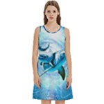 Dolphin Blue Sea Fantasy Round Neck Sleeve Casual Dress With Pockets