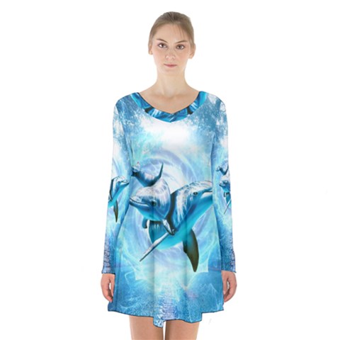 Dolphin Blue Sea Fantasy Long Sleeve Velvet V