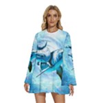 Dolphin Blue Sea Fantasy Round Neck Long Sleeve Bohemian Style Chiffon Mini Dress