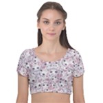 Sweet Kawaii Kitty Pattern (ai) Bk Velvet Short Sleeve Crop Top 