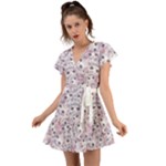 Sweet Kawaii Kitty Pattern (ai) Bk Flutter Sleeve Wrap Dress