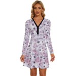 Sweet Kawaii Kitty Pattern (ai) Bk Long Sleeve Deep V Mini Dress 