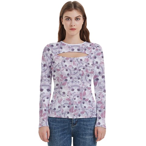 Sweet Kawaii Kitty Pattern (ai) Bk Women s Cut Out Long Sleeve T