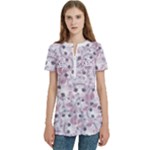 Sweet Kawaii Kitty Pattern (ai) Bk Women s Zip Front V-Neck Short Sleeve Casual Top Pocket Shirt