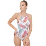 Feathers, Boho, Cute, Feather, Pastel High Neck One Piece Swimsuit